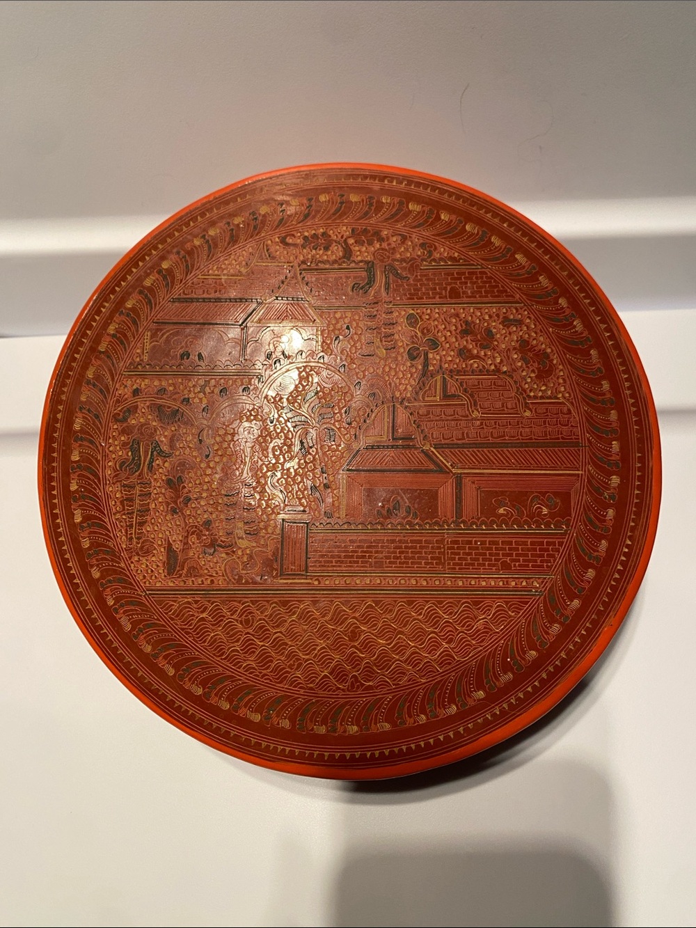Chinese Laquered Red and Black Decorative Mixed-Media Trinket Boc
